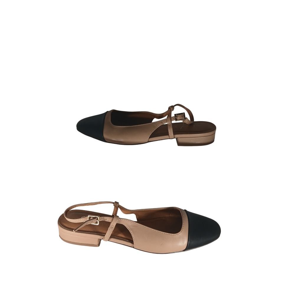 Madden Girl Cameeo Slingback Flats 6.5M Tan Black Cap Toe Parisian Chic